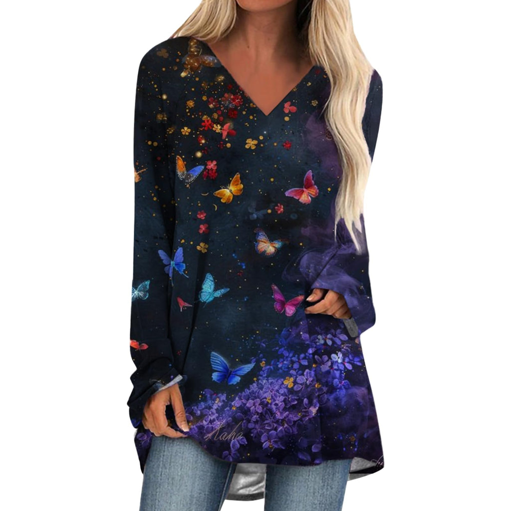 Womens Tops Casual Loose V Neck Tunic T Shirts Long Sleeve Blouses Classic Dressy Solid Color Sweatshirts