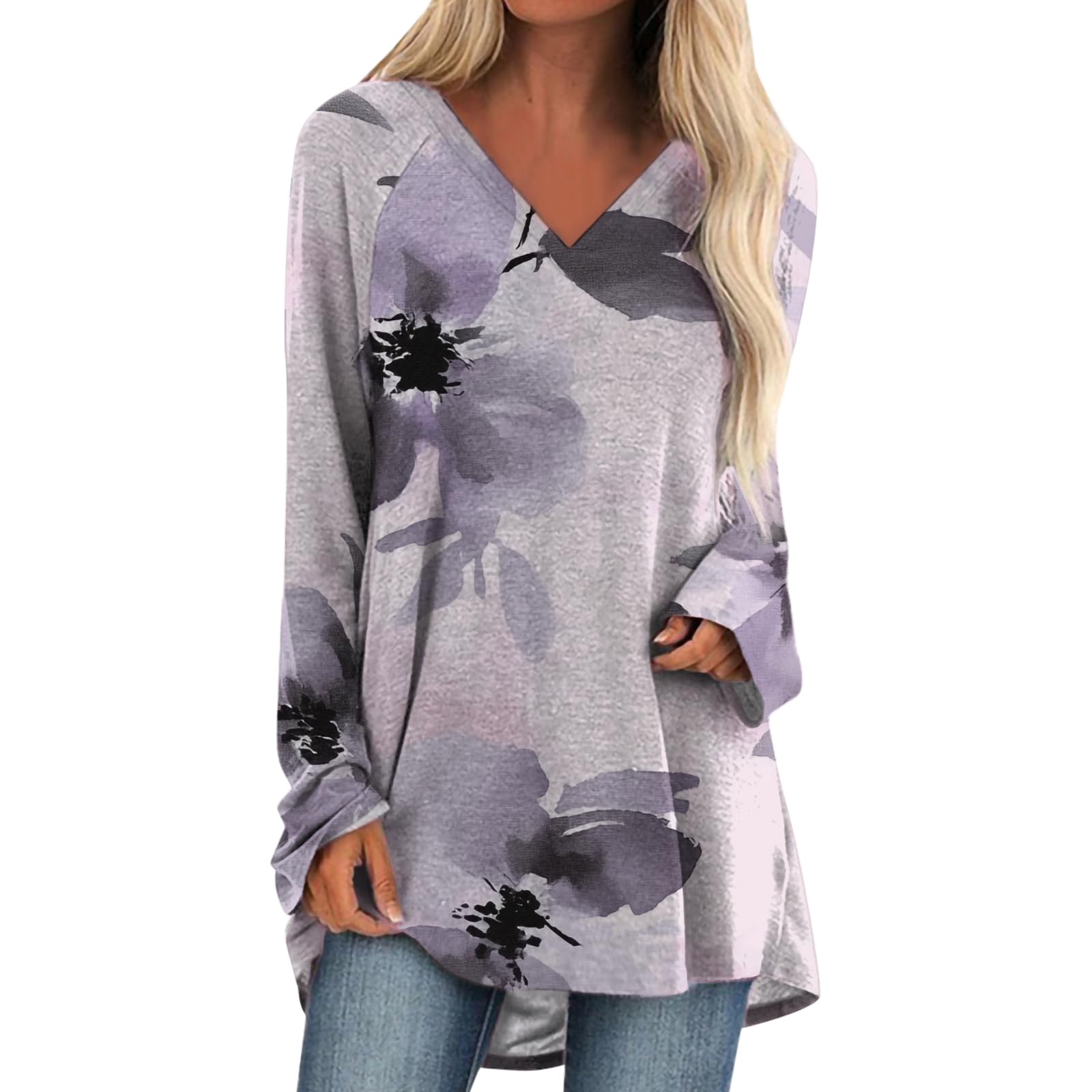 Womens Tops Casual Loose V Neck Tunic T Shirts Long Sleeve Blouses Classic Dressy Solid Color Sweatshirts