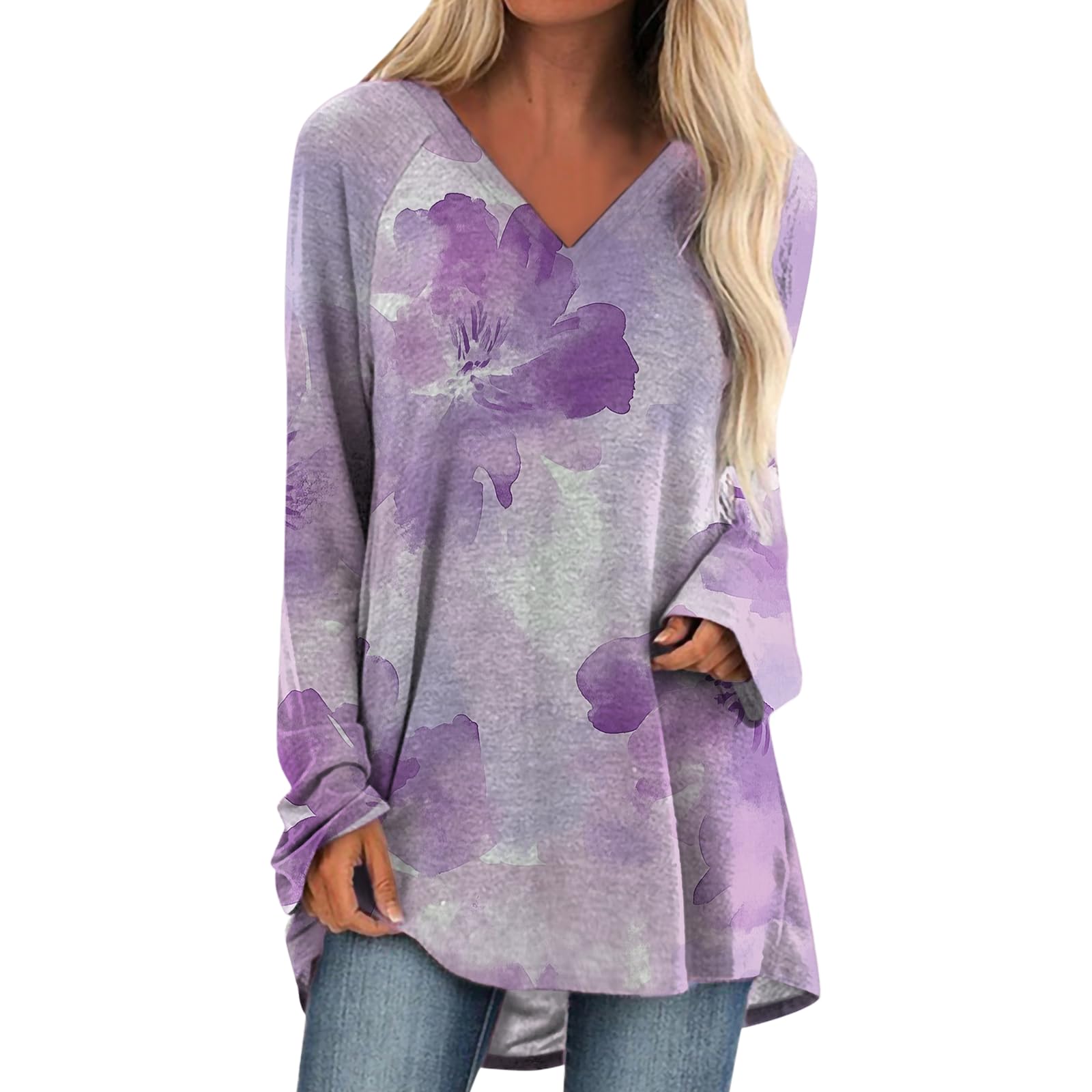 Womens Tops Casual Loose V Neck Tunic T Shirts Long Sleeve Blouses Classic Dressy Solid Color Sweatshirts