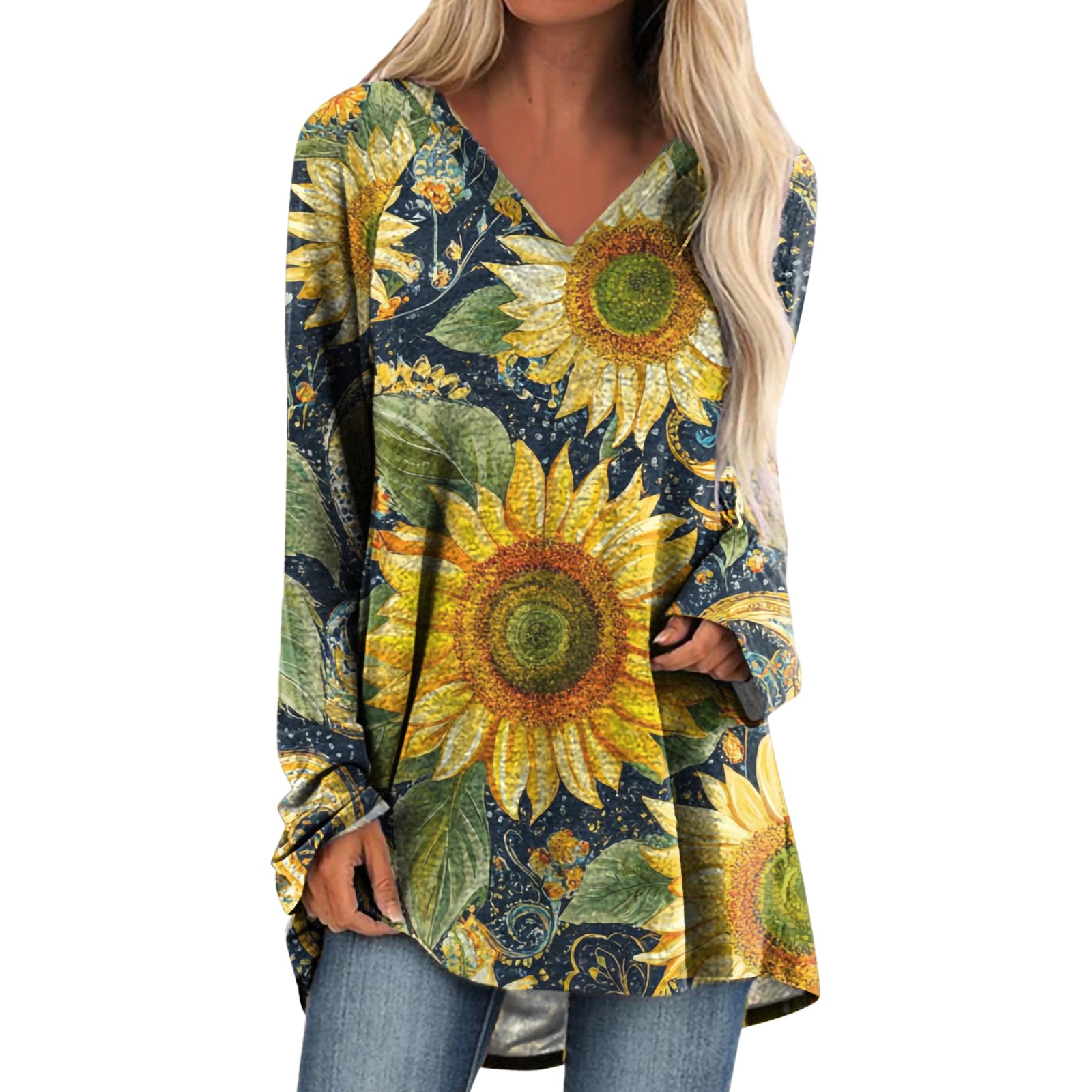 Womens Tops Casual Loose V Neck Tunic T Shirts Long Sleeve Blouses Classic Dressy Solid Color Sweatshirts