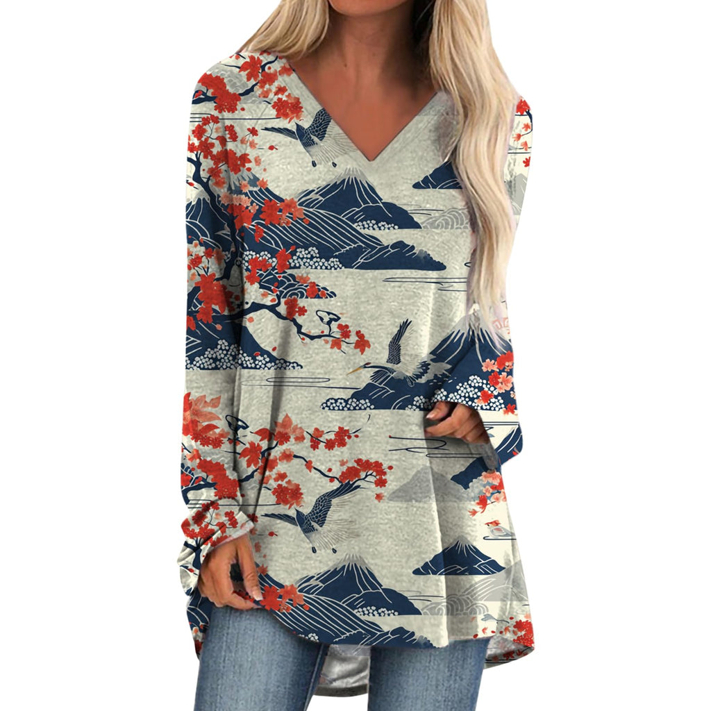 Womens Tops Casual Loose V Neck Tunic T Shirts Long Sleeve Blouses Classic Dressy Solid Color Sweatshirts
