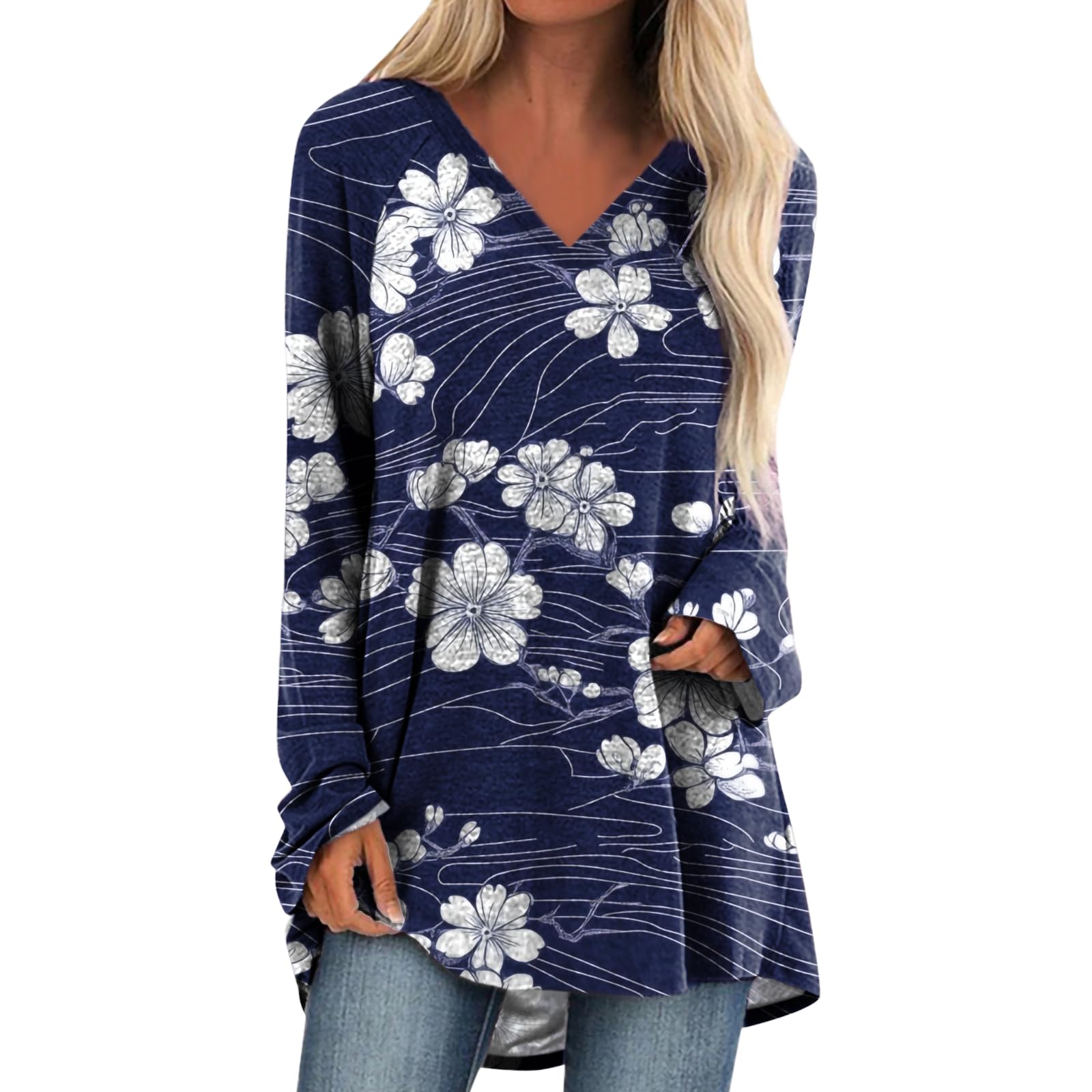 Womens Tops Casual Loose V Neck Tunic T Shirts Long Sleeve Blouses Classic Dressy Solid Color Sweatshirts