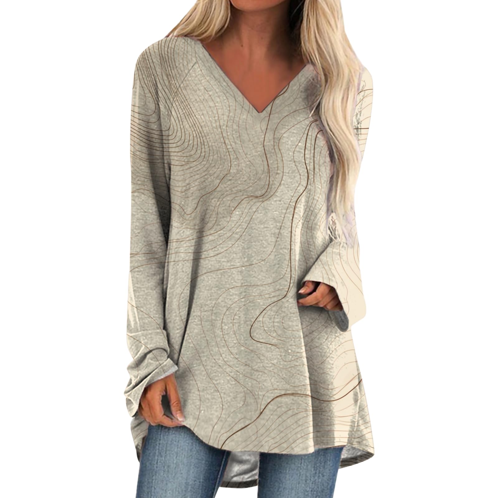 Womens Tops Casual Loose V Neck Tunic T Shirts Long Sleeve Blouses Classic Dressy Solid Color Sweatshirts