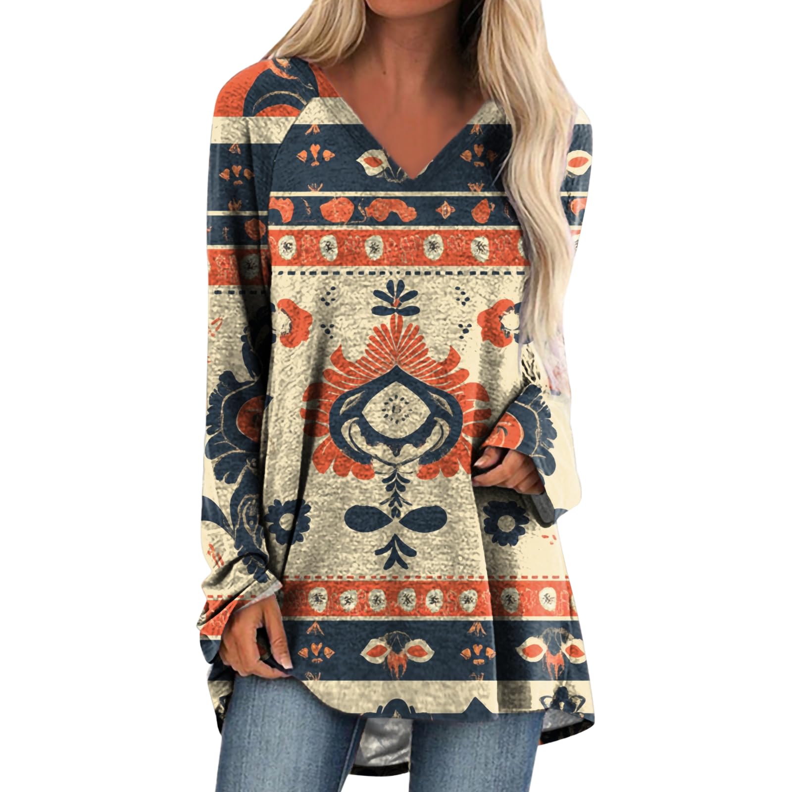 Womens Tops Casual Loose V Neck Tunic T Shirts Long Sleeve Blouses Classic Dressy Solid Color Sweatshirts