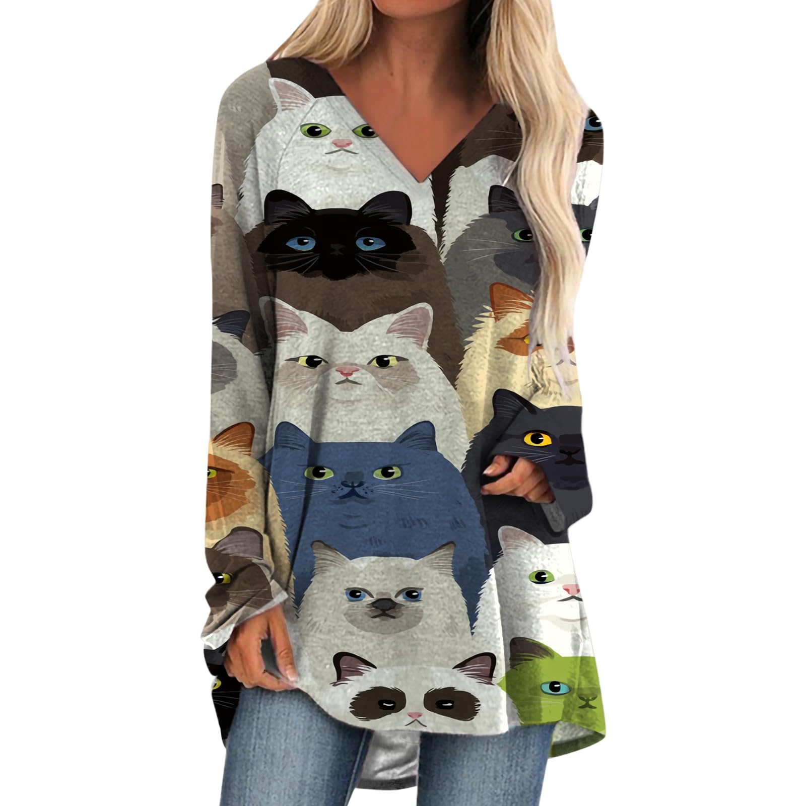 Womens Tops Casual Loose V Neck Tunic T Shirts Long Sleeve Blouses Classic Dressy Solid Color Sweatshirts