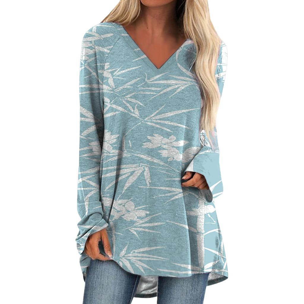 Womens Tops Casual Loose V Neck Tunic T Shirts Long Sleeve Blouses Classic Dressy Solid Color Sweatshirts
