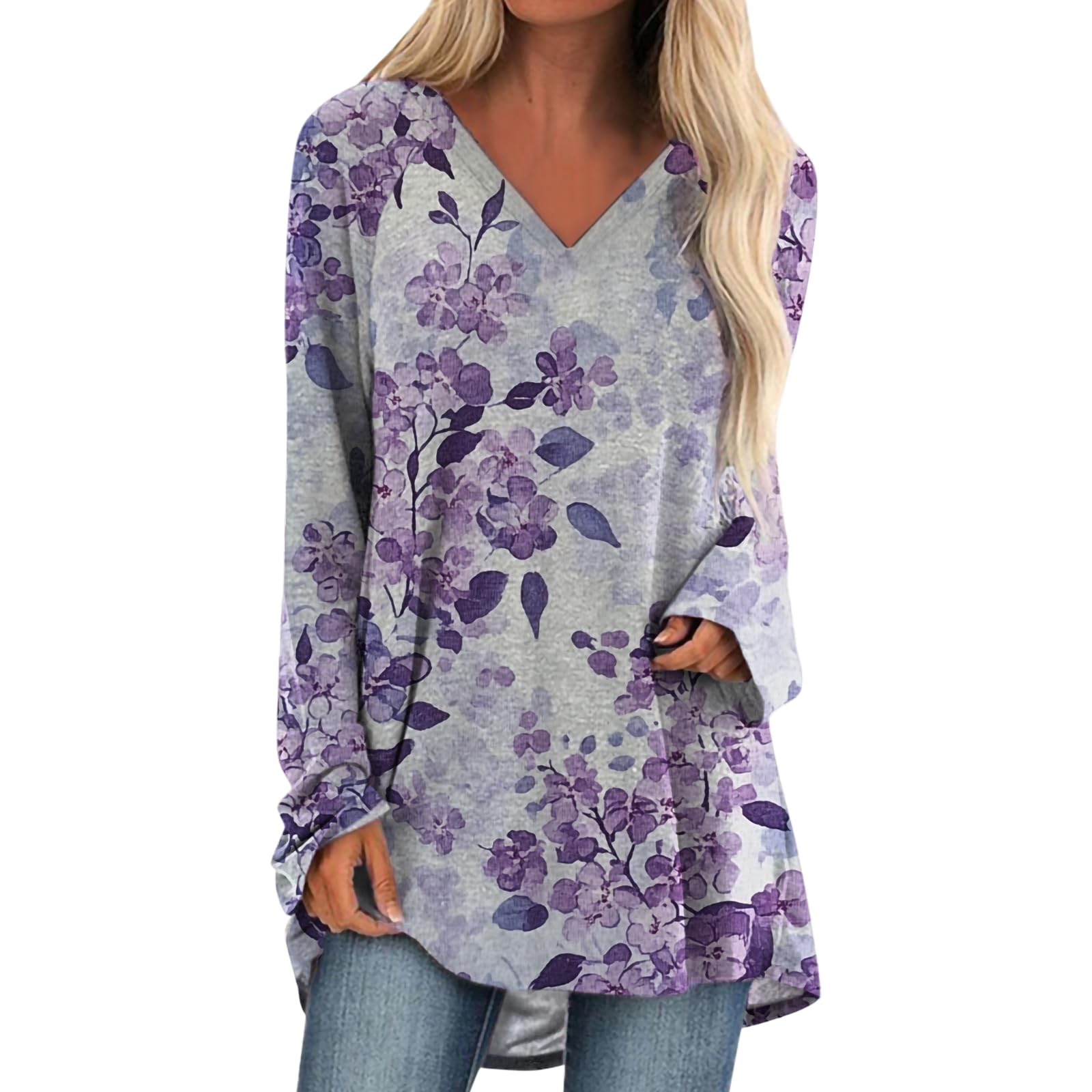 Womens Tops Casual Loose V Neck Tunic T Shirts Long Sleeve Blouses Classic Dressy Solid Color Sweatshirts