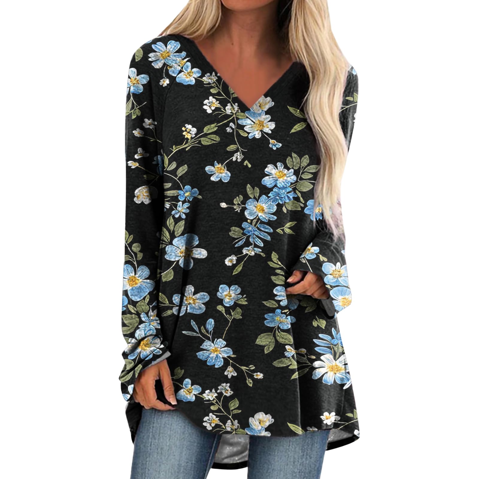 Womens Tops Casual Loose V Neck Tunic T Shirts Long Sleeve Blouses Classic Dressy Solid Color Sweatshirts
