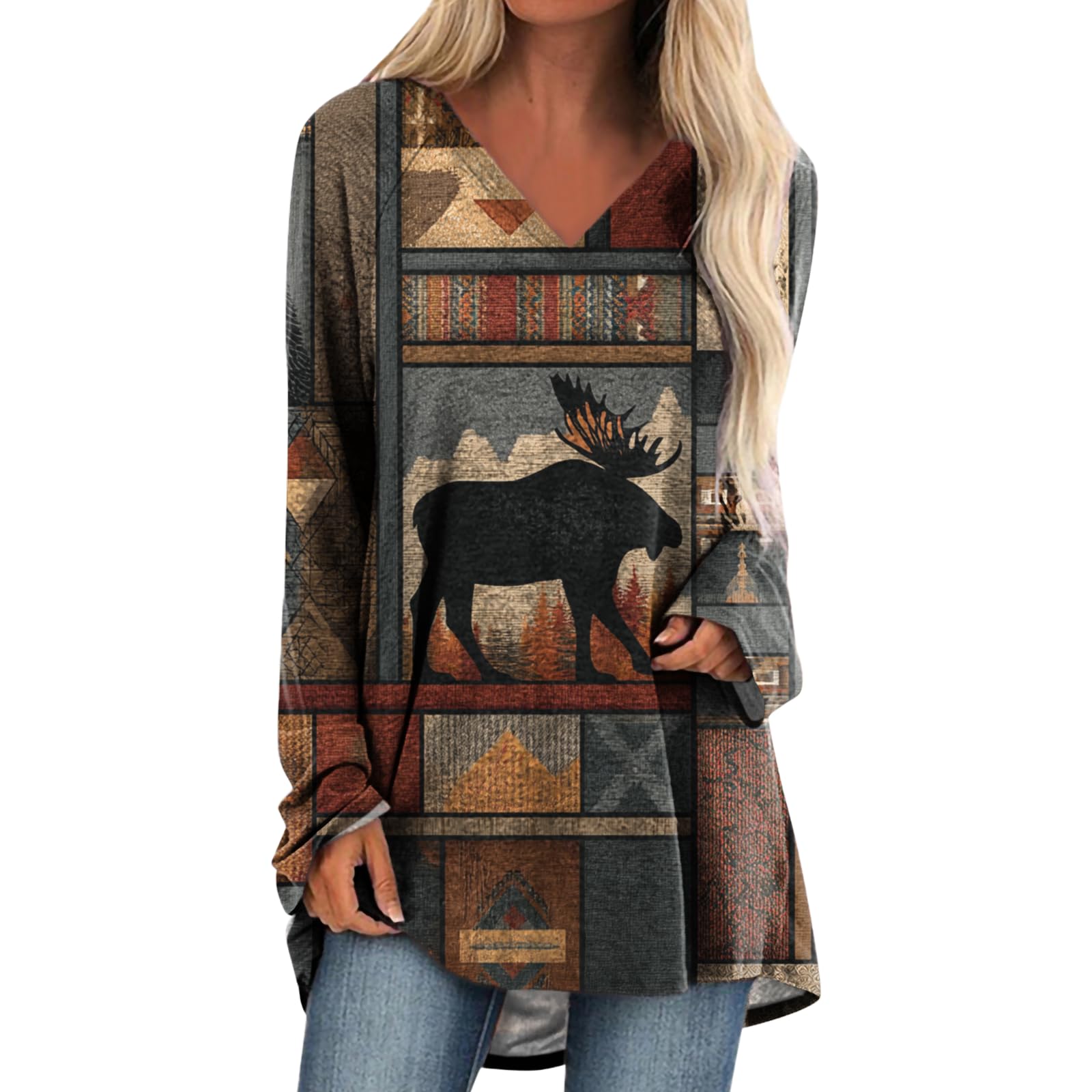Womens Tops Casual Loose V Neck Tunic T Shirts Long Sleeve Blouses Classic Dressy Solid Color Sweatshirts