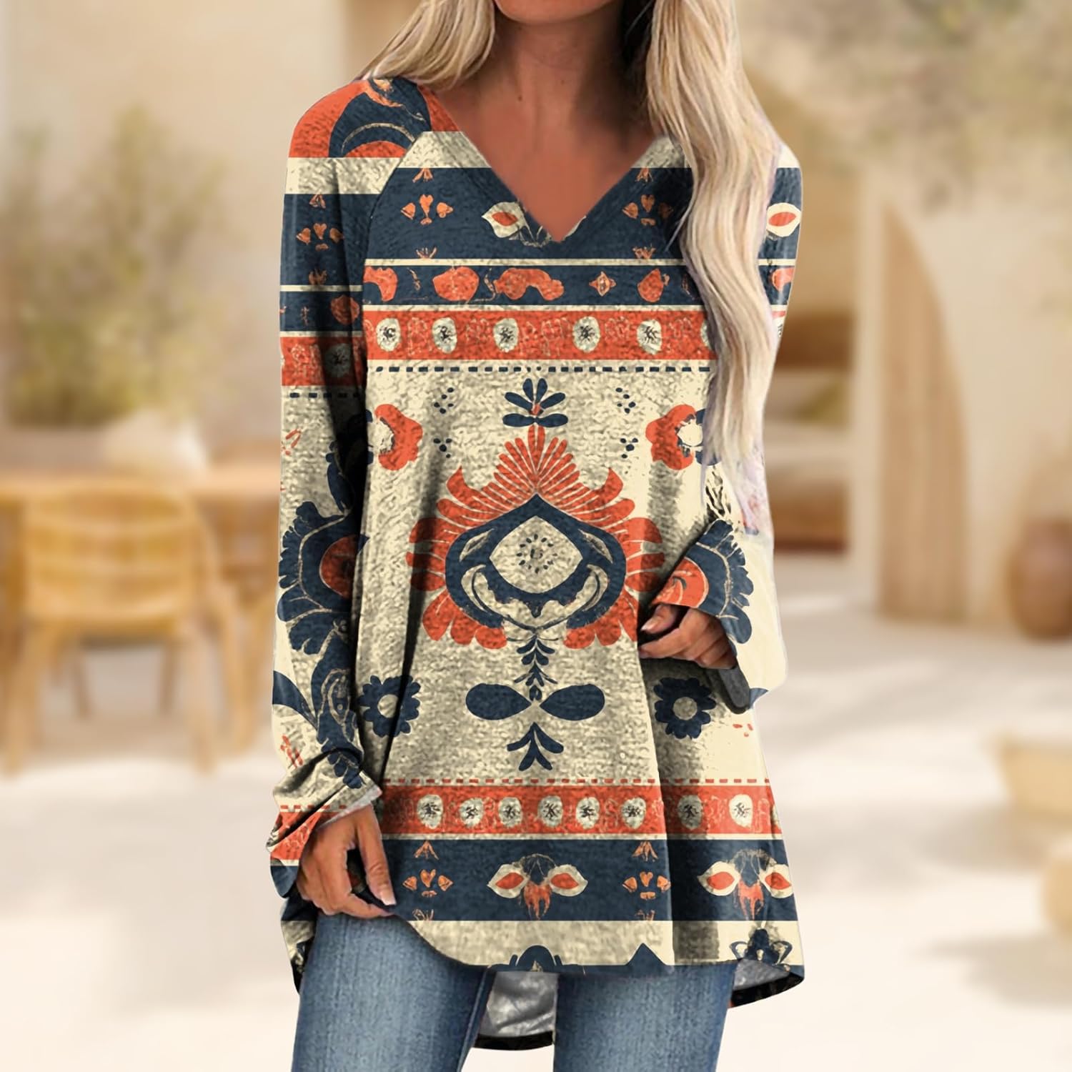 Womens Tops Casual Loose V Neck Tunic T Shirts Long Sleeve Blouses Classic Dressy Solid Color Sweatshirts