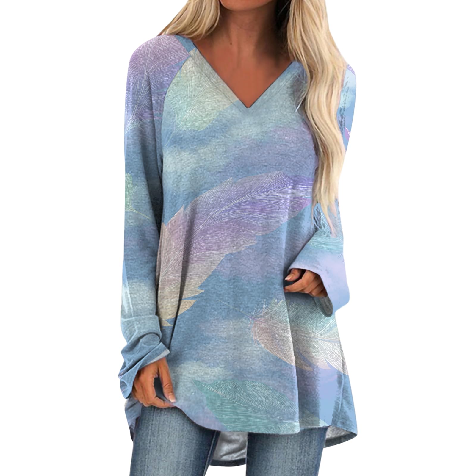 Womens Tops Casual Loose V Neck Tunic T Shirts Long Sleeve Blouses Classic Dressy Solid Color Sweatshirts