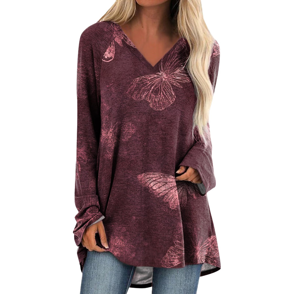 Womens Tops Casual Loose V Neck Tunic T Shirts Long Sleeve Blouses Classic Dressy Solid Color Sweatshirts