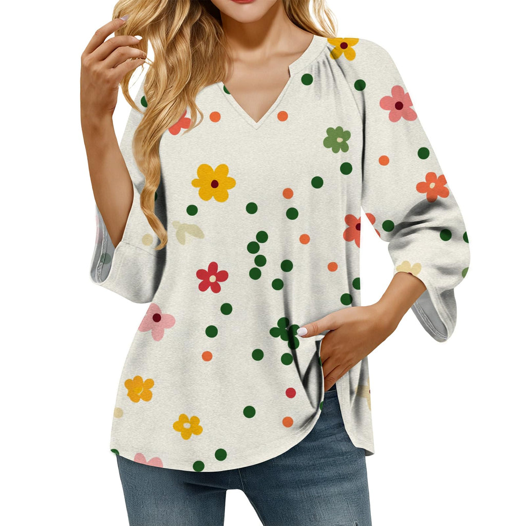 domirica Retro Breathable Shirt for Women Vintage Novelty Stylish Boho Loose Fit 3/4 Sleeve V Neck Tops Summer Undershirt