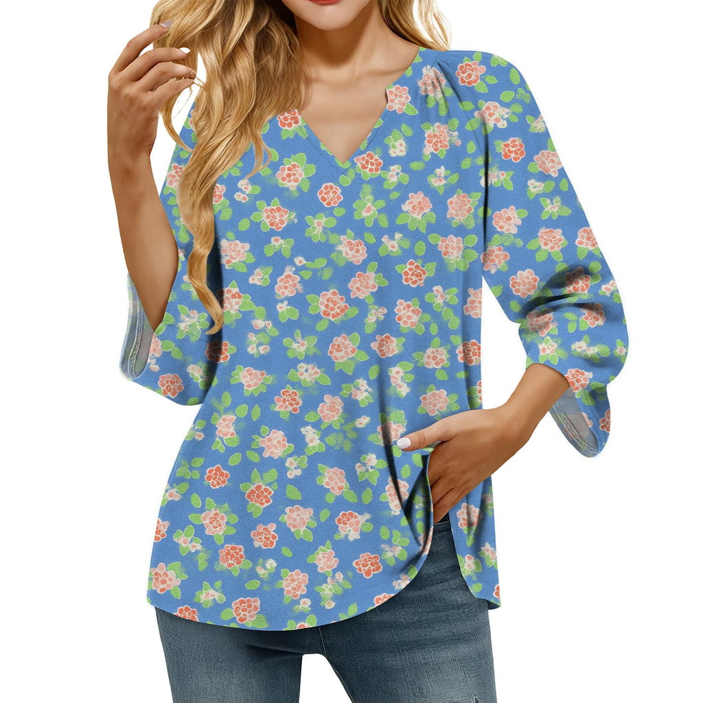 domirica Retro Breathable Shirt for Women Vintage Novelty Stylish Boho Loose Fit 3/4 Sleeve V Neck Tops Summer Undershirt