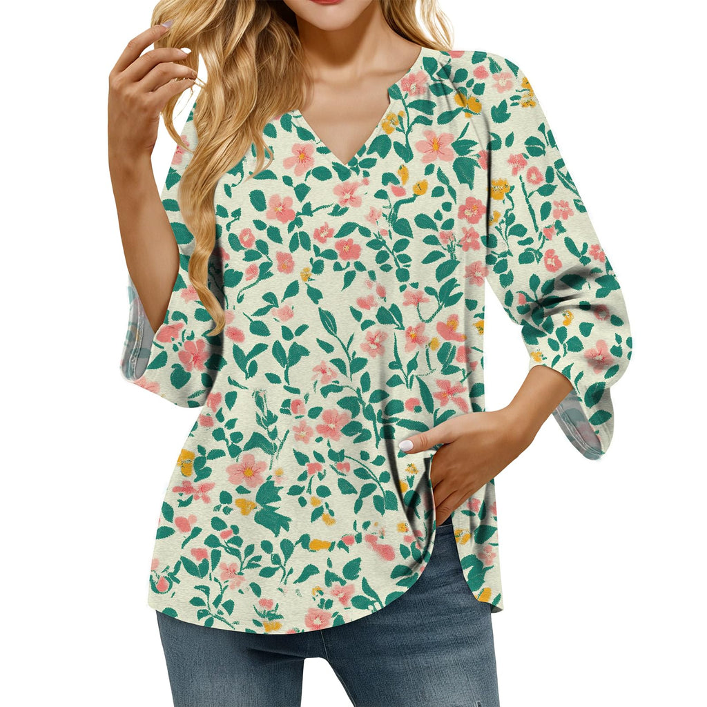 domirica Retro Breathable Shirt for Women Vintage Novelty Stylish Boho Loose Fit 3/4 Sleeve V Neck Tops Summer Undershirt